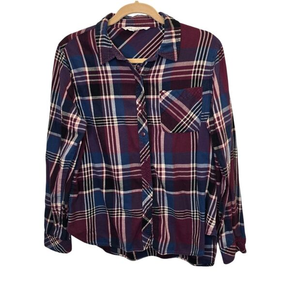 Vanilla Star Women's L Burgundy Purple Button Down Relaxed Shirt Notched Collar - Picture 1 of 13